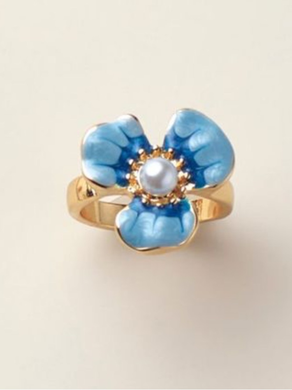 Avon Bleu Bloom Fleur Gold-Tone Blue Enamel Flower Ring with Pearl Center, NIB - Picture 3 of 3
